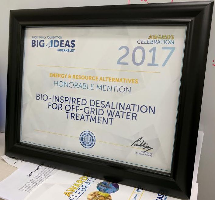 Big Ideas Honorable Mention award for Bio-Inspired Desalination for Off-Grid Water Treatment