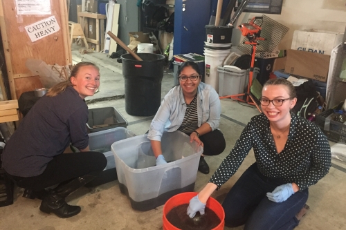 L-R: Ali Mathews, Meera Kota, and Courtney McGuire sample and test wastewater.