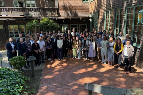 A group photo of the annual SEMM Luncheon attendees, including CEE SEMM faculty (Sanjay Govindjee, Dimitrios Konstantinidis, Ziqi Wang, Khalid M. Mosalam, Luis Ceferino, Matthew DeJong, Eyitayo Opabola, Jack P. Moehle, and Tracy Becker), this year's invited speaker Emily Guglielmo of Martin/Martin Inc., and the graduating SEMM M.S. students, outside the Berkeley Faculty Club. (Photo Credit: Sanjay Govindjee)