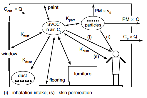 Schematic diagram of the dynamic behavior of semivolatile organic compounds indoors