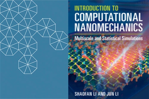The right side of the image shows the book "Introduction to Computational Nanomechanics," published by CEE Prof. Shaofan Li, and the left side has a light blue tesselation background.