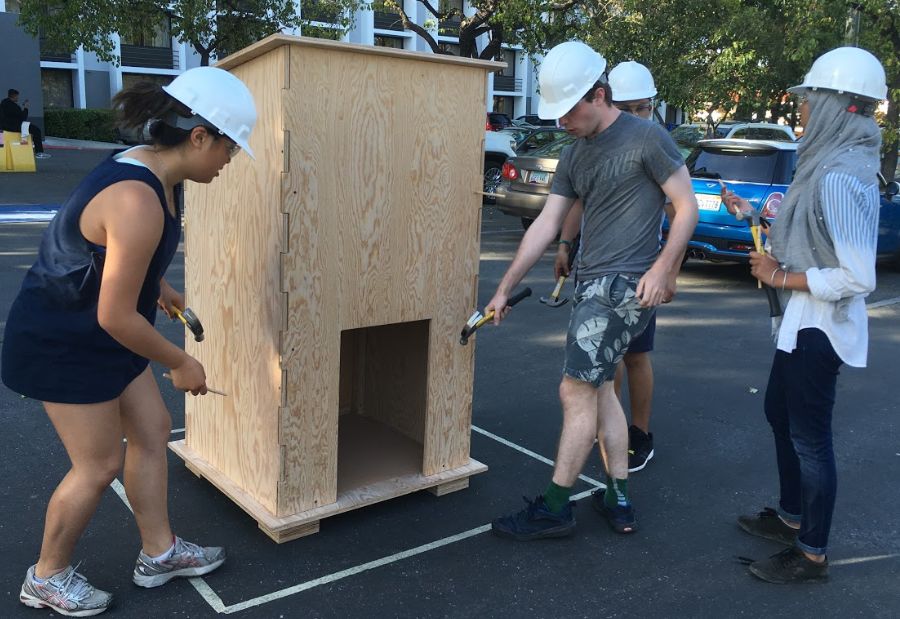 Dog house team constructing entry