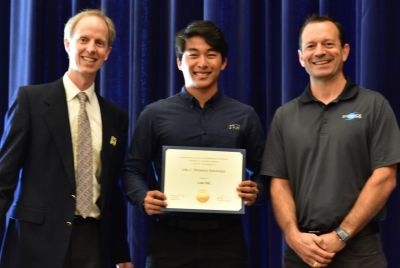 Chair Harley with Shimmick Scholarship recipients Louis Pak, and Shimmick representative, Tom Kurkjian