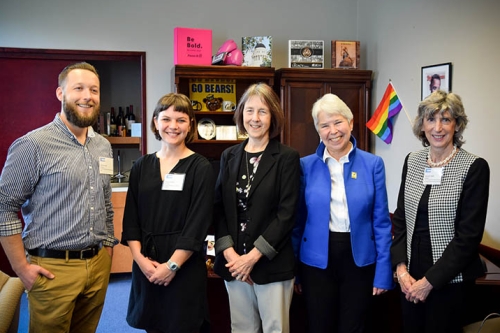From left, UC Berkeley graduate students Jacob Duncan and Nancy Freitas stand with Senator Nancy Skinner (D-Berkeley), Chancellor Carol Christ and Vice Provost for Graduate Studies and Dean of the Graduate Division Fiona M. Doyle. (UC Berkeley photo by Megan Lee)