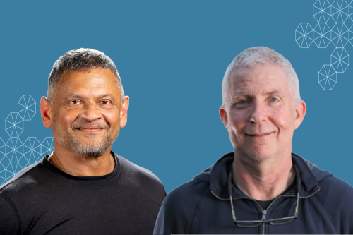 Headshots of CEE Professors Raja Sengupta and Mark Hansen (left to right) against a light blue tessellation background.